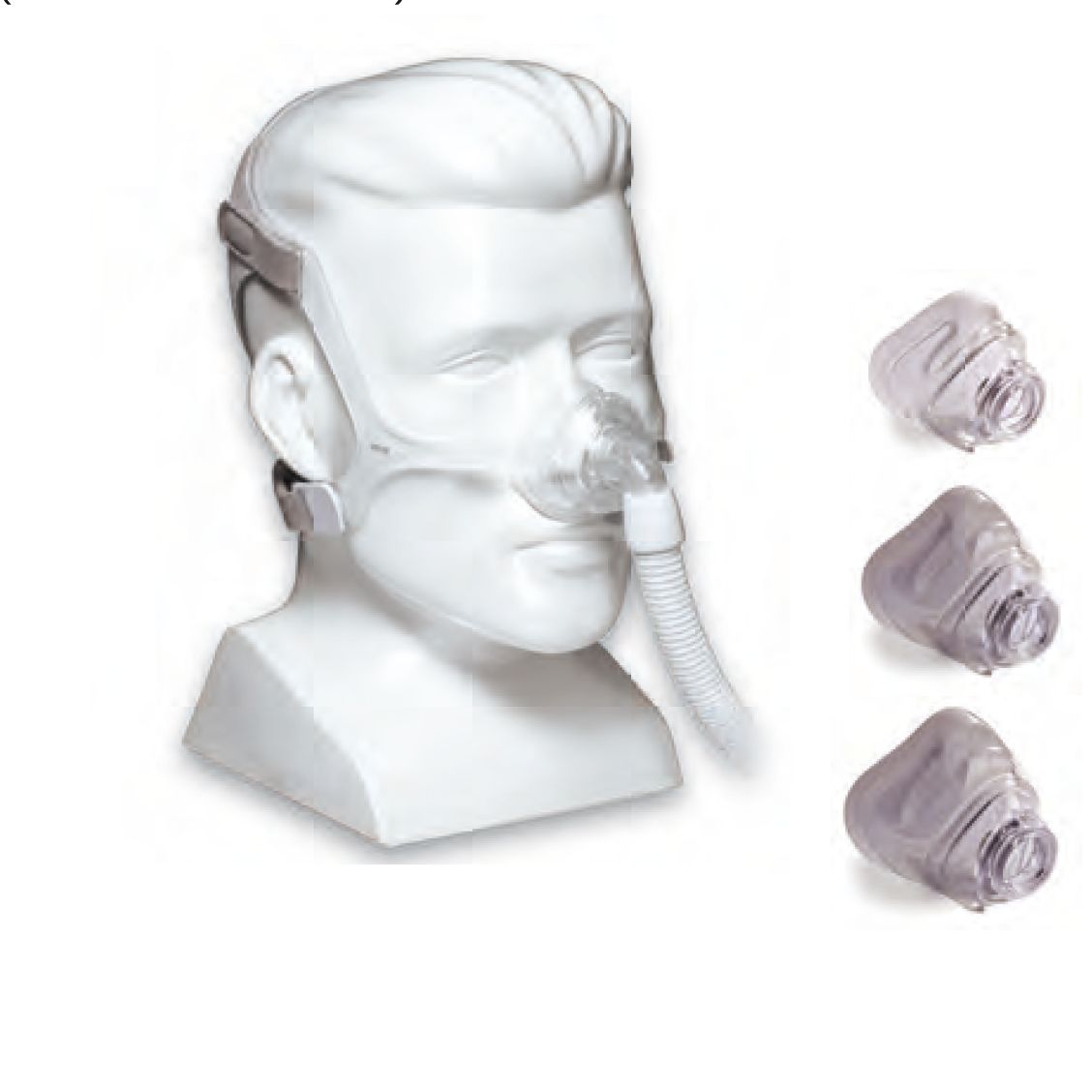 Masque nasal avec cadre en silicone et raccord de tuyau sur tête de mannequin, avec trois coussinets nasaux interchangeables à côté.