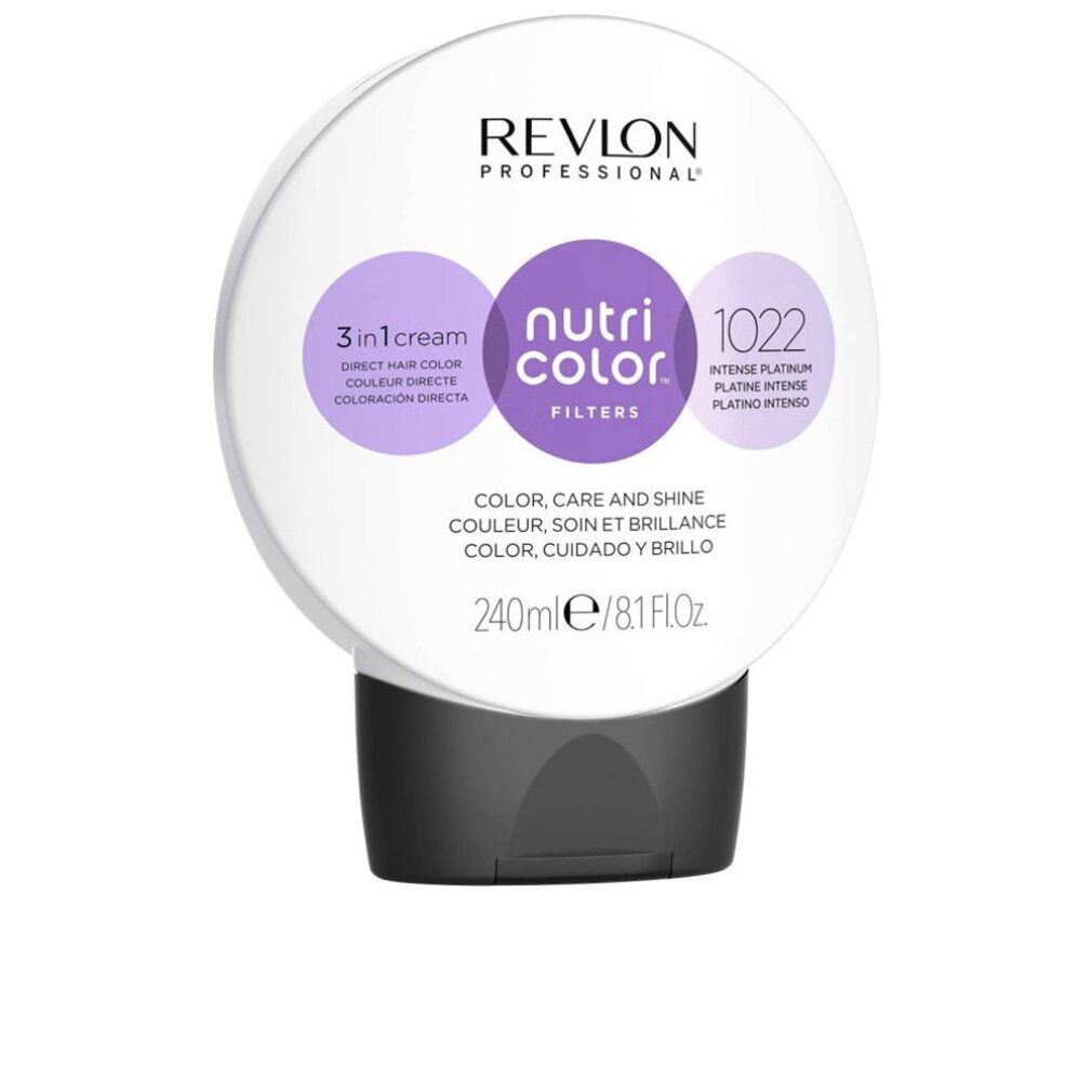 Haarkleurproduct van Revlon. Ronde tube met zwarte dop. Opschrift: Nutri Color Filters 1022 Intense Platinum. 3-in-1 crème.