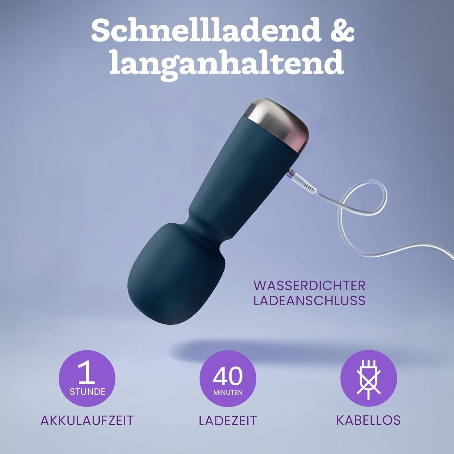 Mini vibrateur bleu avec câble de chargement. Icônes : 1h d'autonomie, 40 min de charge, Sans fil.