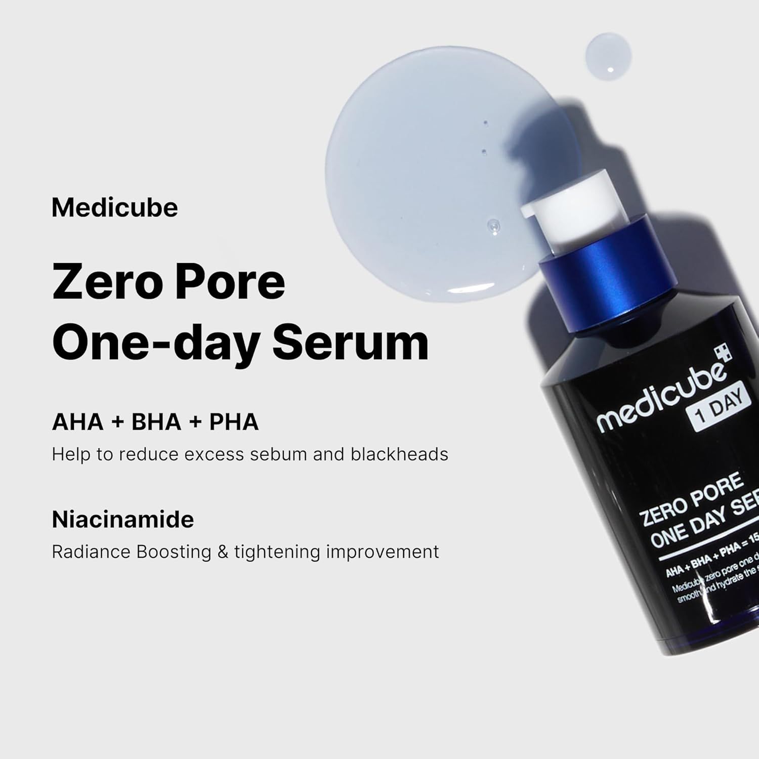 Productfles MEDICUBE Zero Pore One-day Serum. Bevat AHA, BHA, PHA. Helpt overtollig talg en mee-eters te verminderen.