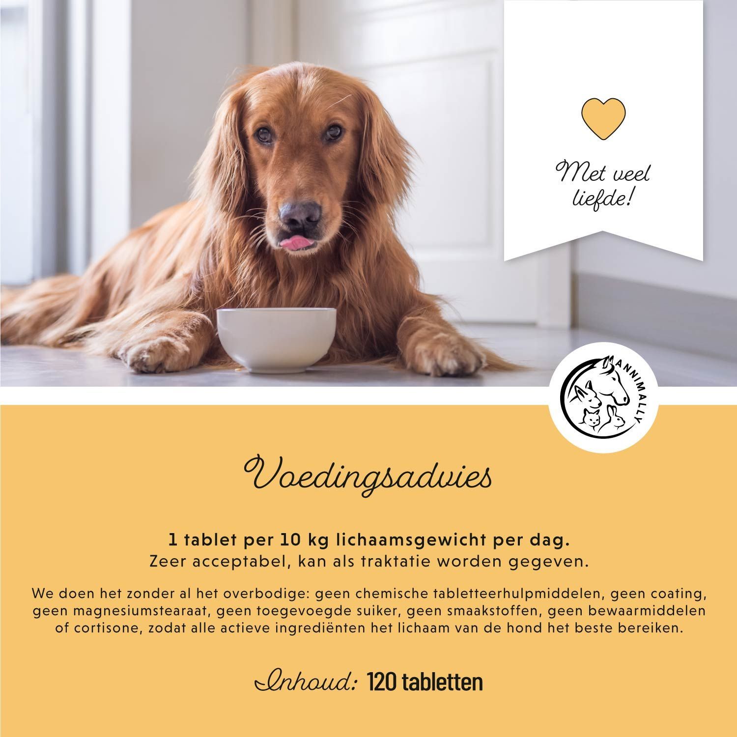 Gouden hond met kom. Tekst: Voedingsadvies. 1 tablet per 10 kg lichaamsgewicht. Inhoud: 120 tabletten.