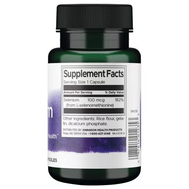Dos du flacon. Étiquette blanche avec informations nutritionnelles. Contient du sélénium 100 mcg. Autres ingrédients: farine de riz, gélatine.