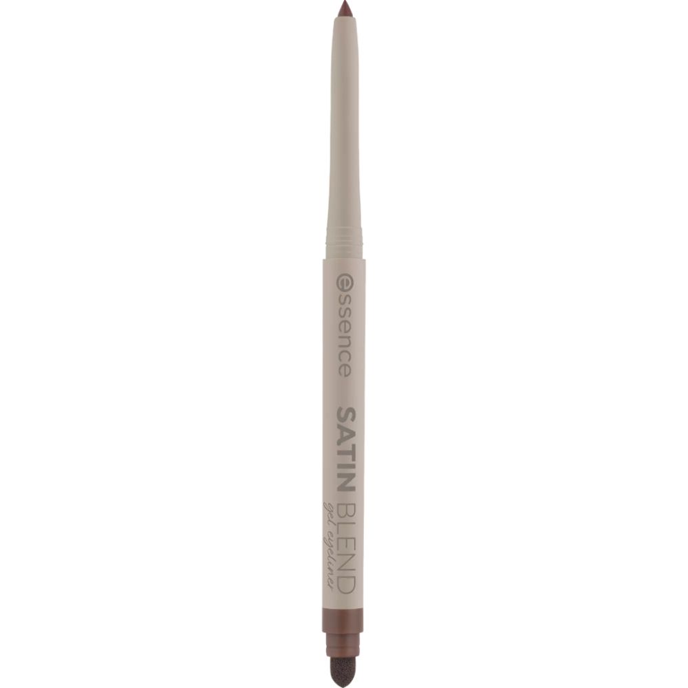 Crayon eyeliner avec mine marron. Boîtier beige. Inscription: Essence, Satin Blend.