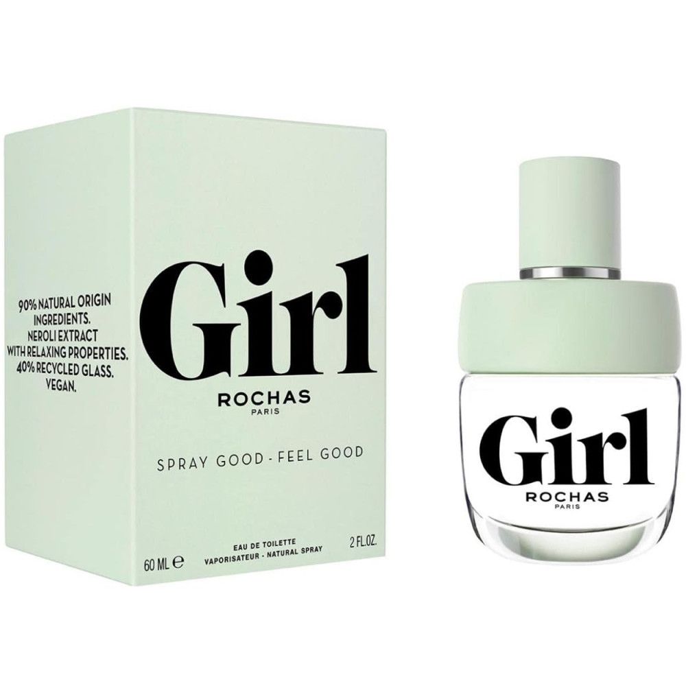 Lichtgroene doos en fles. Opschrift "Girl" en "Rochas Paris". Fles met lichtgroene dop. 60 ml.
