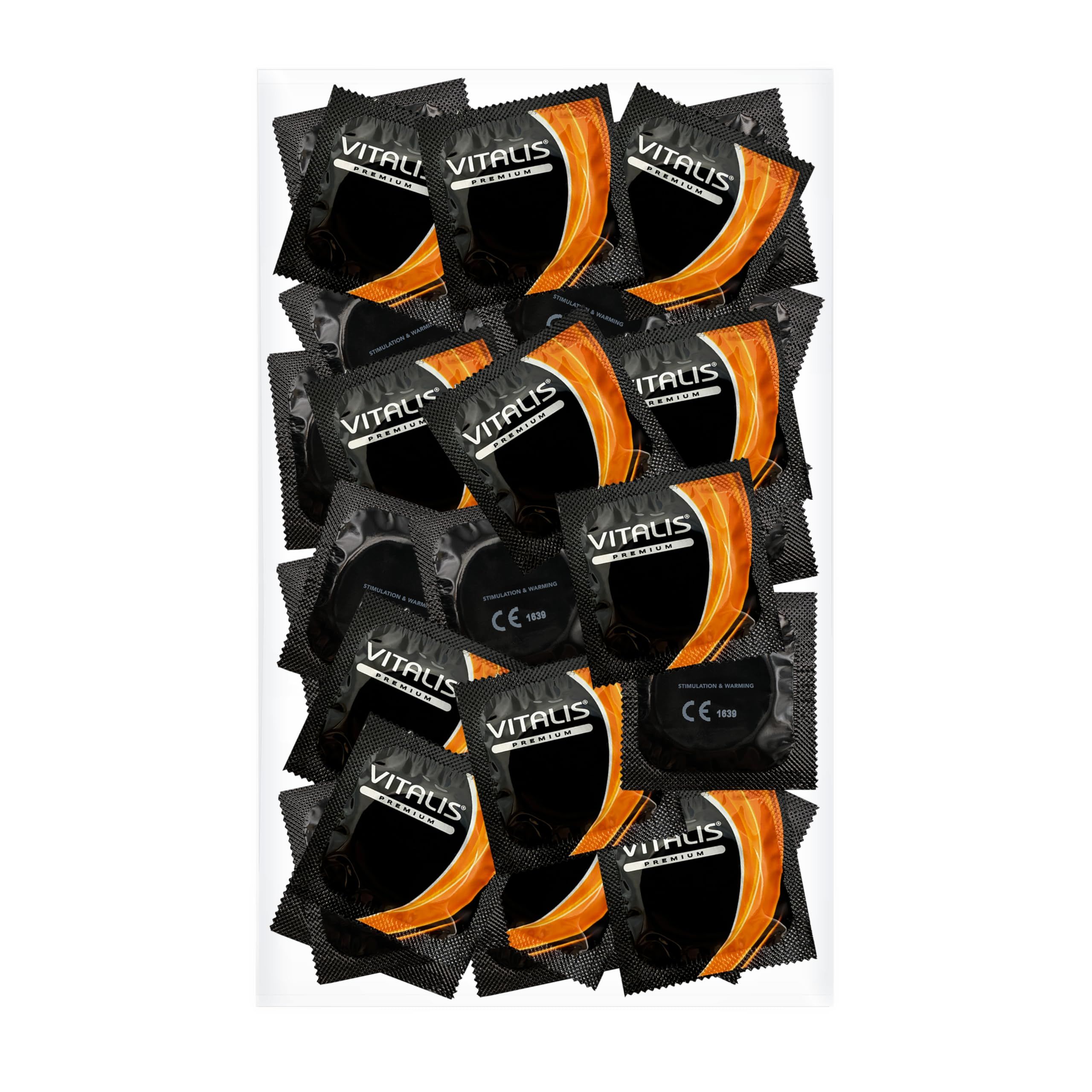 Vitalis PREMIUM condooms in individuele verpakkingen, zwart met oranje design.