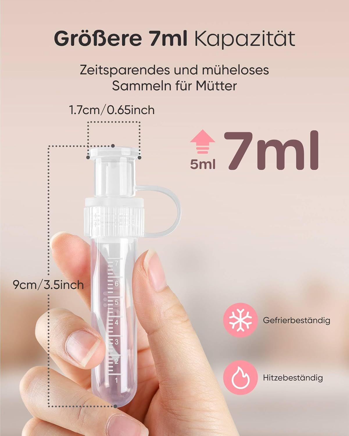 Un seul tube de collecte de colostrum de 7ml, 9cm de long, 1.7cm de large. Résistant à la chaleur et au gel.