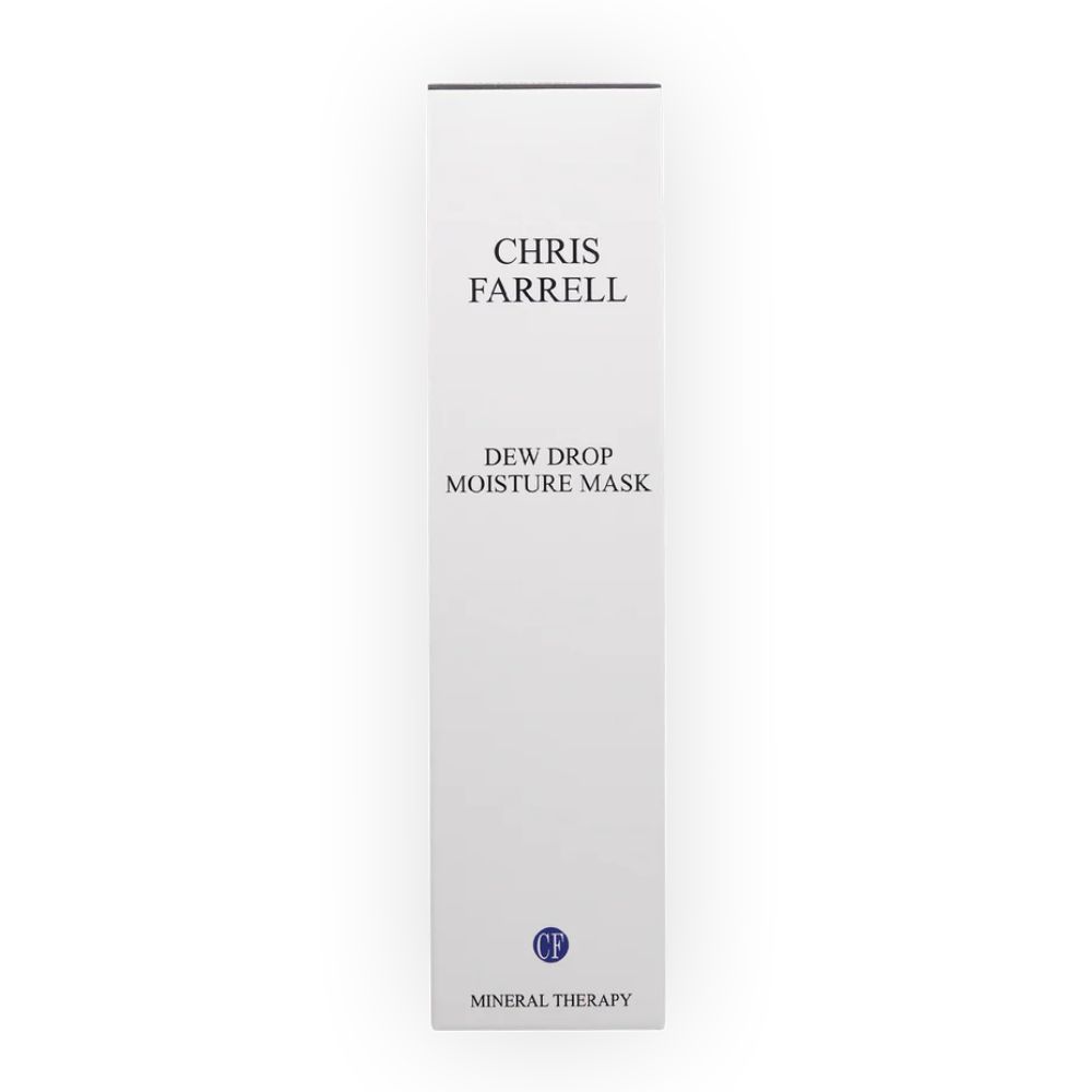 Witte productverpakking met tekst Chris Farrell, Dew Drop Moisture Mask en Mineral Therapy.