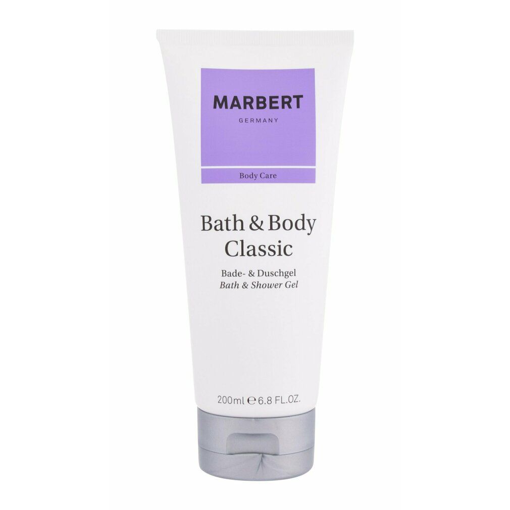 Witte tube met paars etiket. Opschrift: MARBERT, Body Care, Bath & Body Classic, Bade- & Duschgel, Bath & Shower Gel. Onder: 200ml 6.8 FL.OZ.