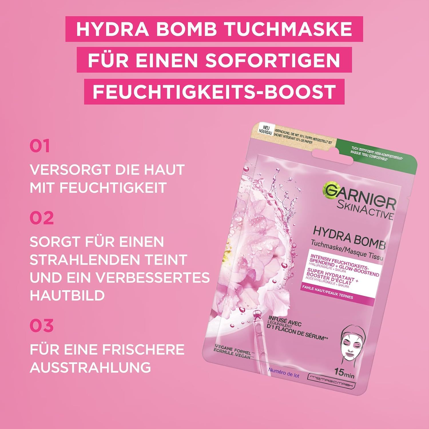 Garnier SkinActive Hydra Bomb tissue mask. Verpakking met productafbeelding en tekst. Opschrift: Intensieve hydratatie.