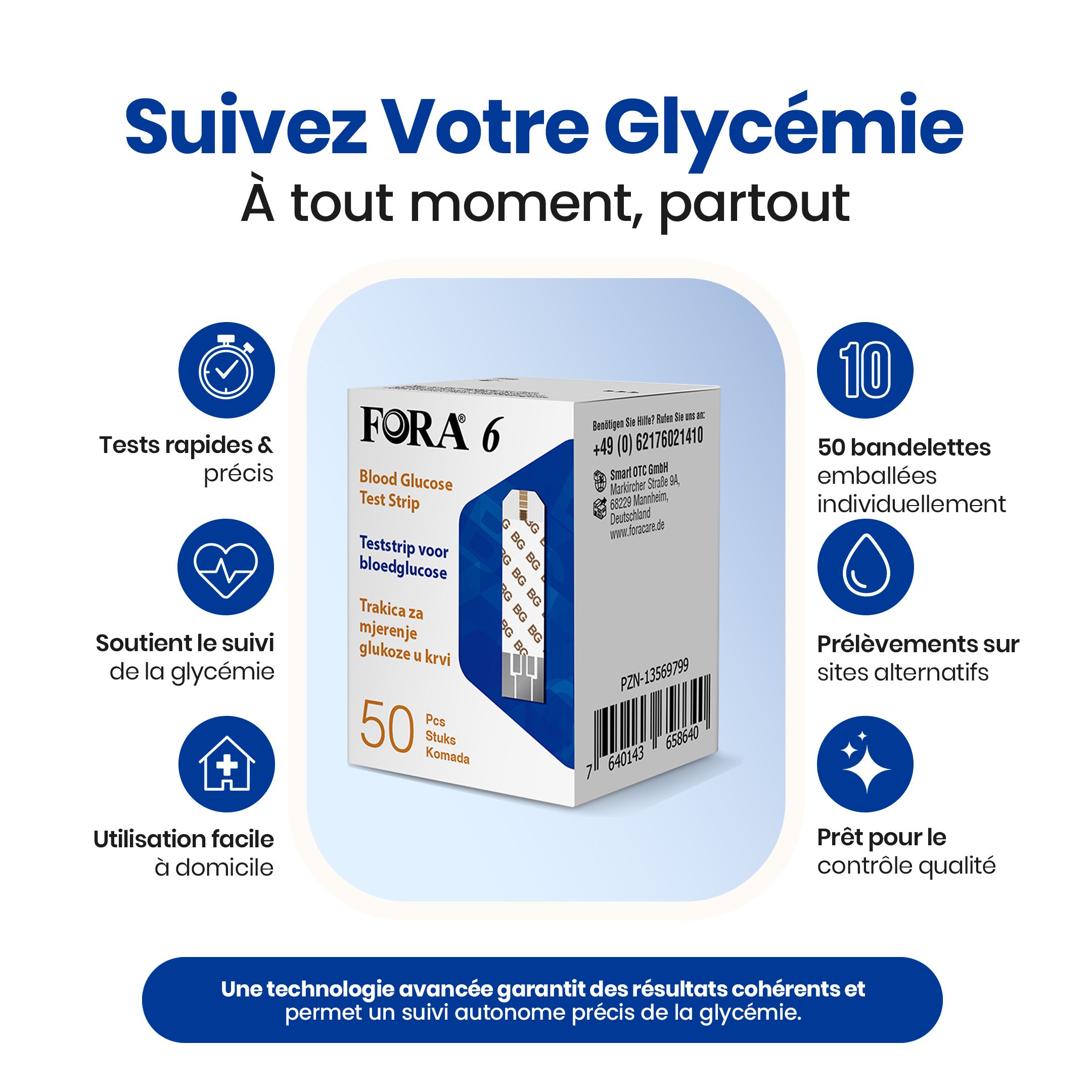 Infographie avec produit et boîte de bandelettes. Montre avantages et fonctions. 50 bandelettes.