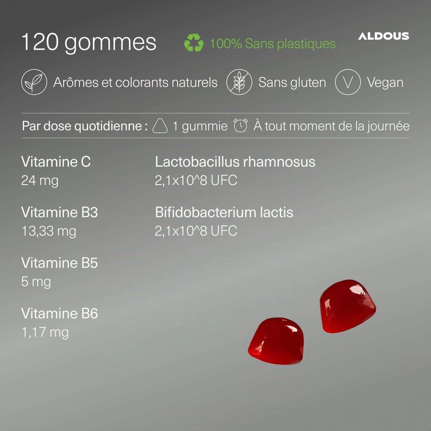 Deux bonbons gélifiés rouges avec vitamines et probiotiques. Contient 120 pièces, arômes et colorants naturels, sans gluten, vegan.