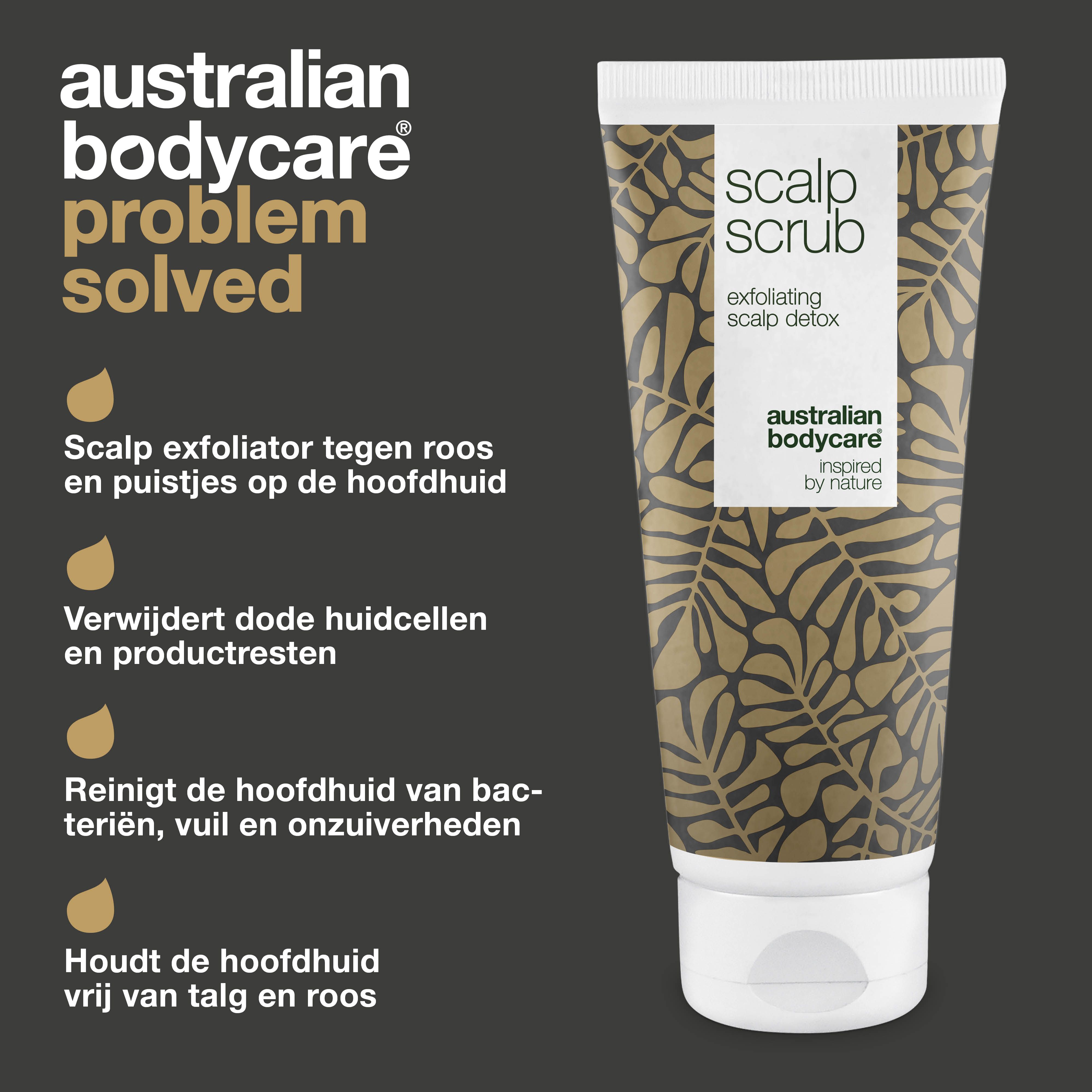 Tube SCALP SCRUB. Tekst: Australian Bodycare, probleem opgelost. Voordelen van het product. Druppels peeling.