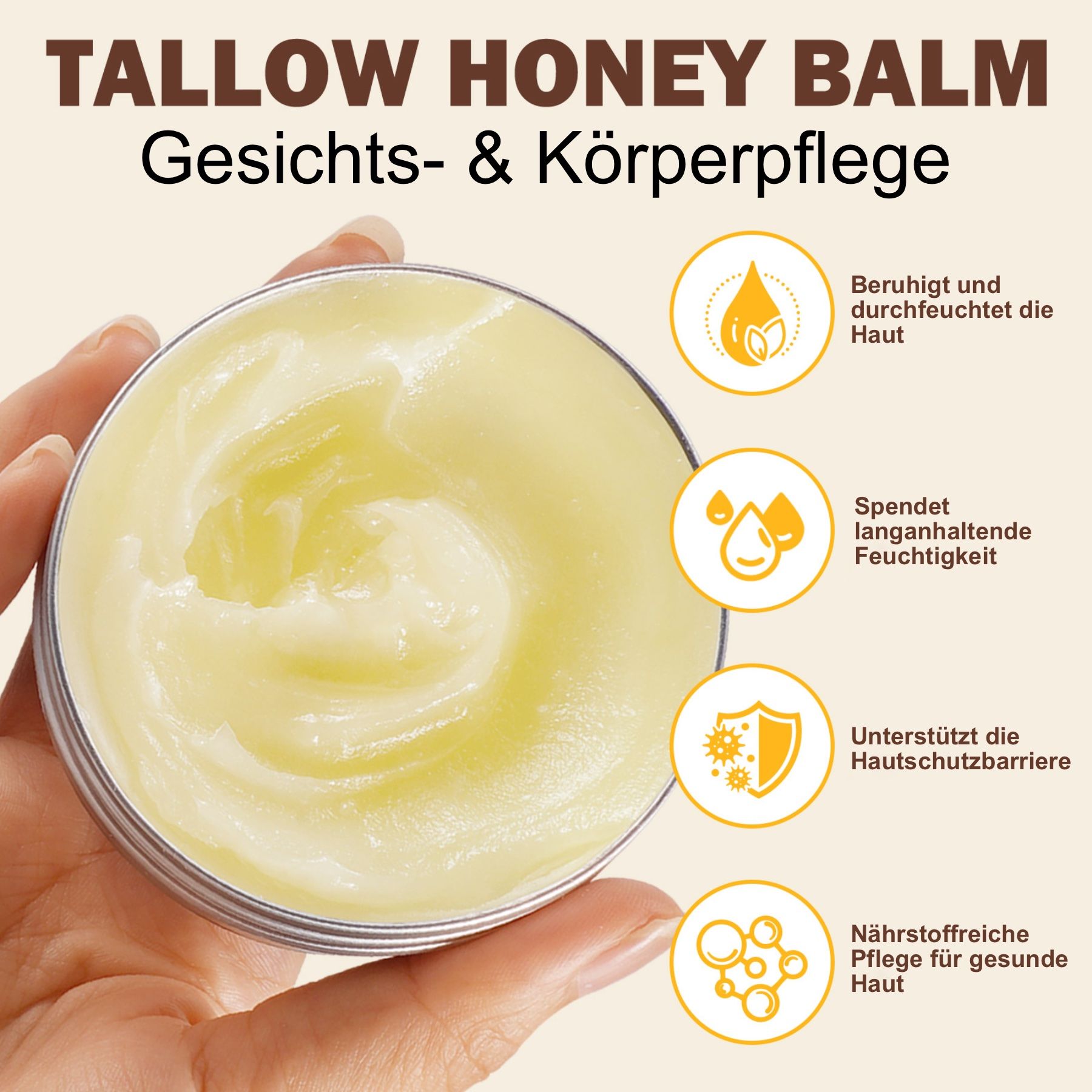 Pot ouvert avec crème jaunâtre. Texte: Tallow Honey Balm. Illustrations avec textes sur l'effet.