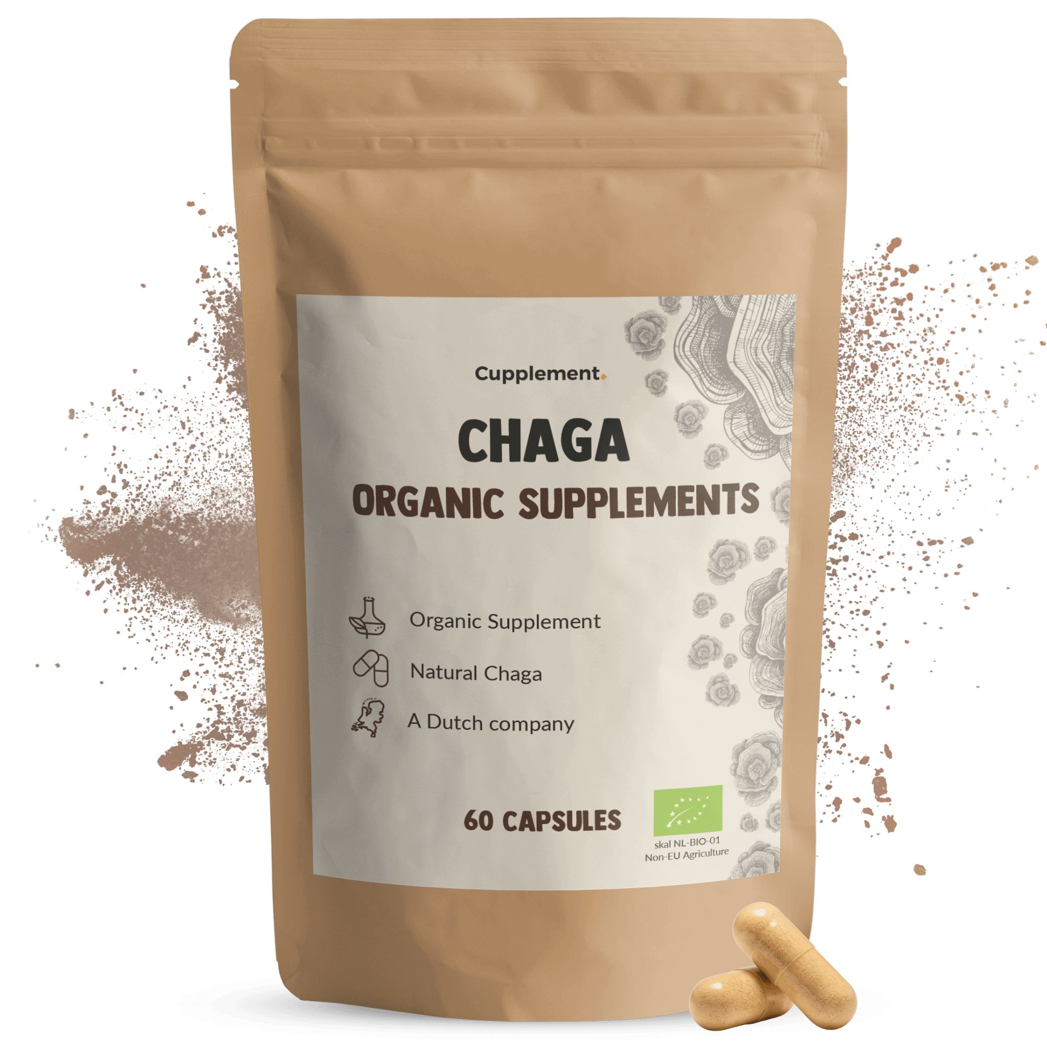 Bruine papieren verpakking met 'CHAGA ORGANIC SUPPLEMENTS'. Bevat 60 capsules. Twee capsules ernaast.