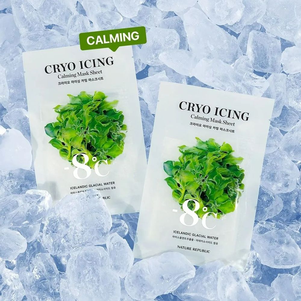 Twee verpakkingen van Cryo Icing Calming Mask Sheet op ijs. Tekst en afbeelding van bladeren. Merk: NATURE REPUBLIC.