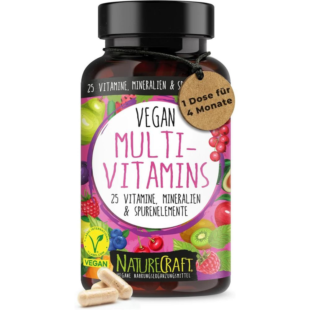 Bruine fles met zwarte dop. Opschrift: Vegan Multi-Vitamins. Bevat 25 vitaminen, mineralen & sporenelementen. Met capsules.