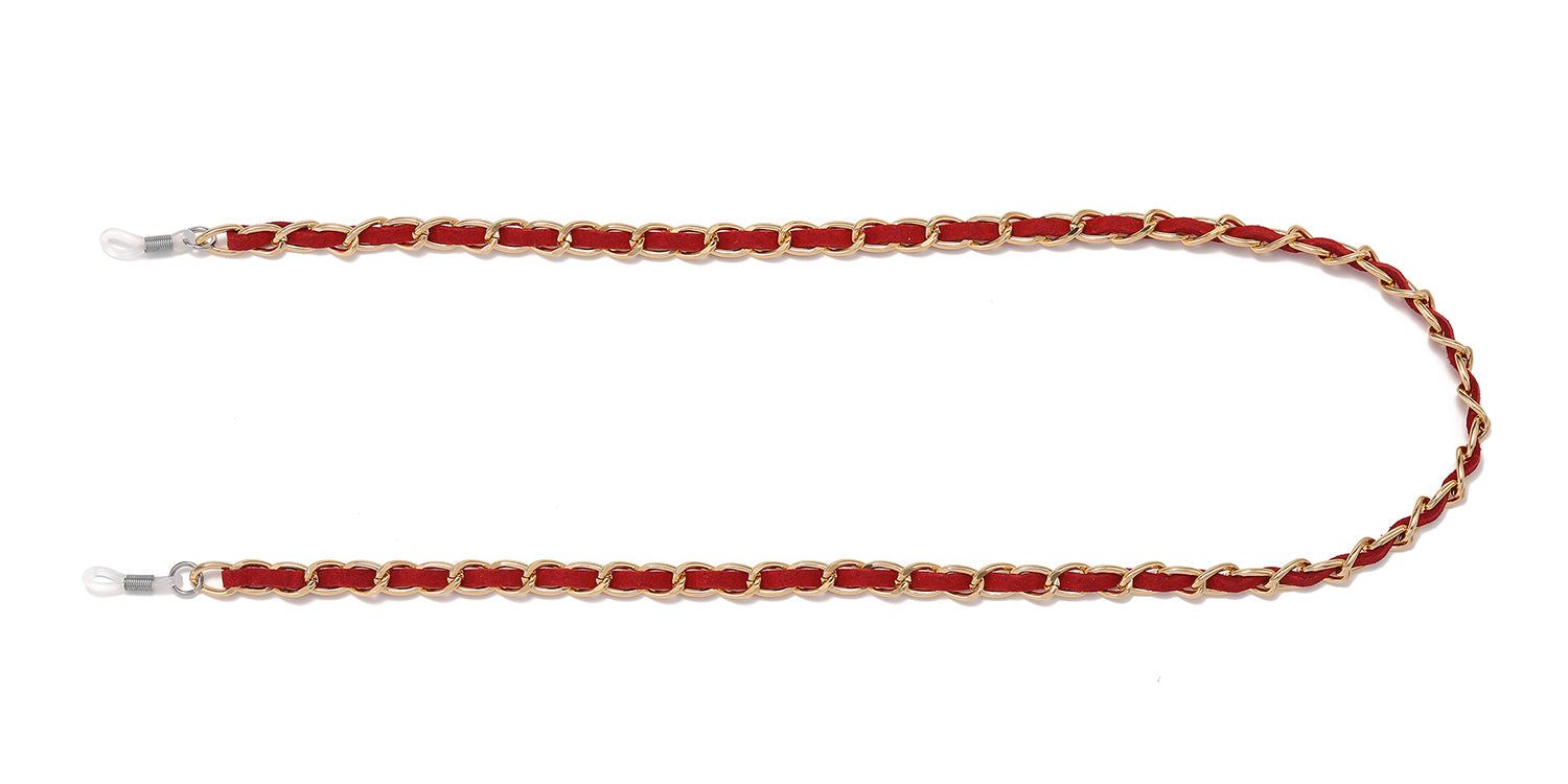 Cordon à lunettes avec tissu rouge et maillons dorés. Boucles transparentes aux extrémités.