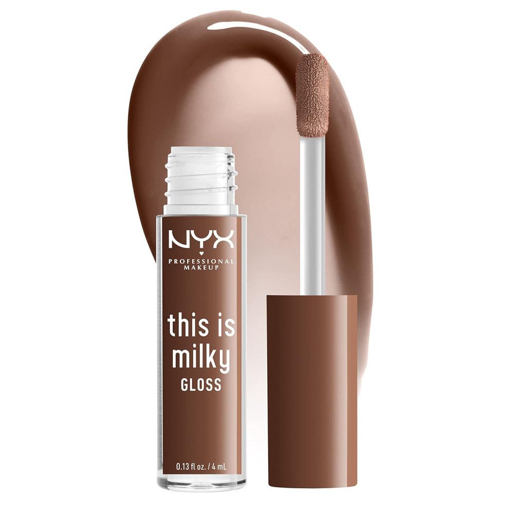 Gloss à lèvres marron dans un flacon transparent. L'applicateur est visible, à côté une goutte de gloss. Sur le flacon est écrit "NYX Professional Makeup".