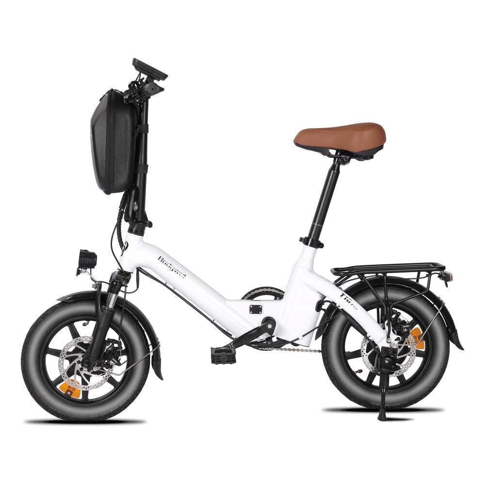 Vélo électrique pliable blanc, selle marron, pneus noirs, porte-bagages. Bodywel T16 Pro.