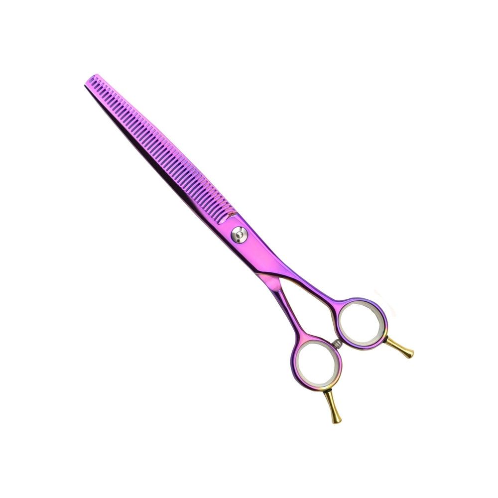 Paarse en goudkleurige uitdunschaar. Dubbele tanden. Gesloten positie. Metalen vingerringen.