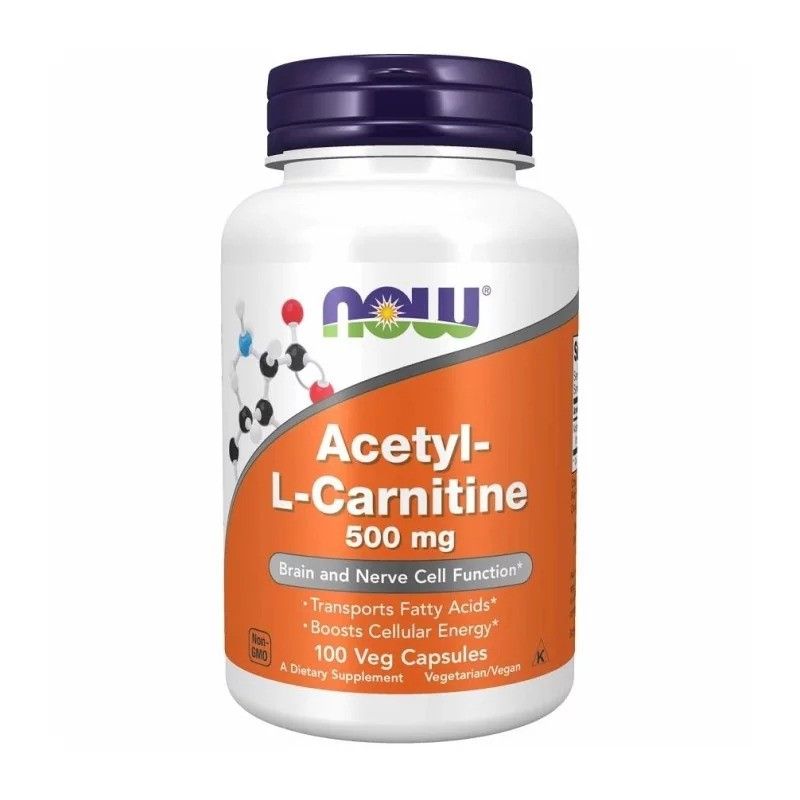 Flacon blanc, bouchon bleu. Inscription: Acetyl-L-Carnitine 500 mg, 100 Veg Capsules. Marque: NOW.