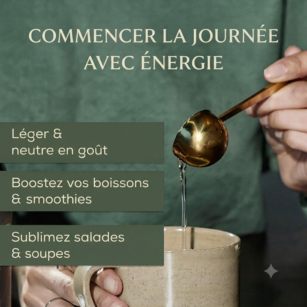 Cuillère dorée versant du sirop clair dans une tasse beige. Texte : L'énergie pour la journée.