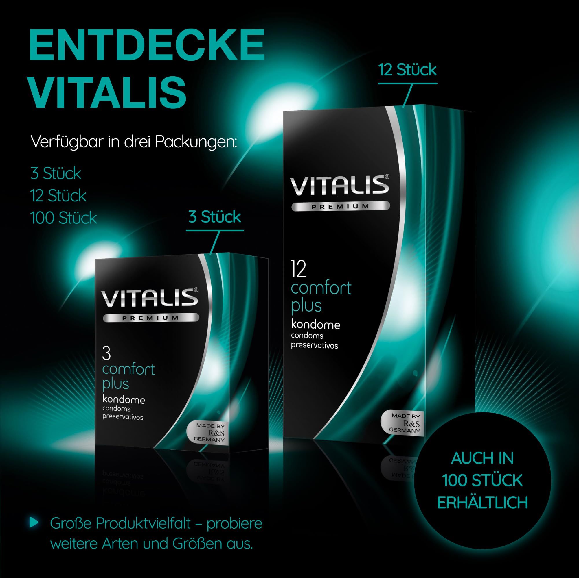 Préservatifs Vitalis: Disponibles en paquets de 3, 12 et 100 pièces.