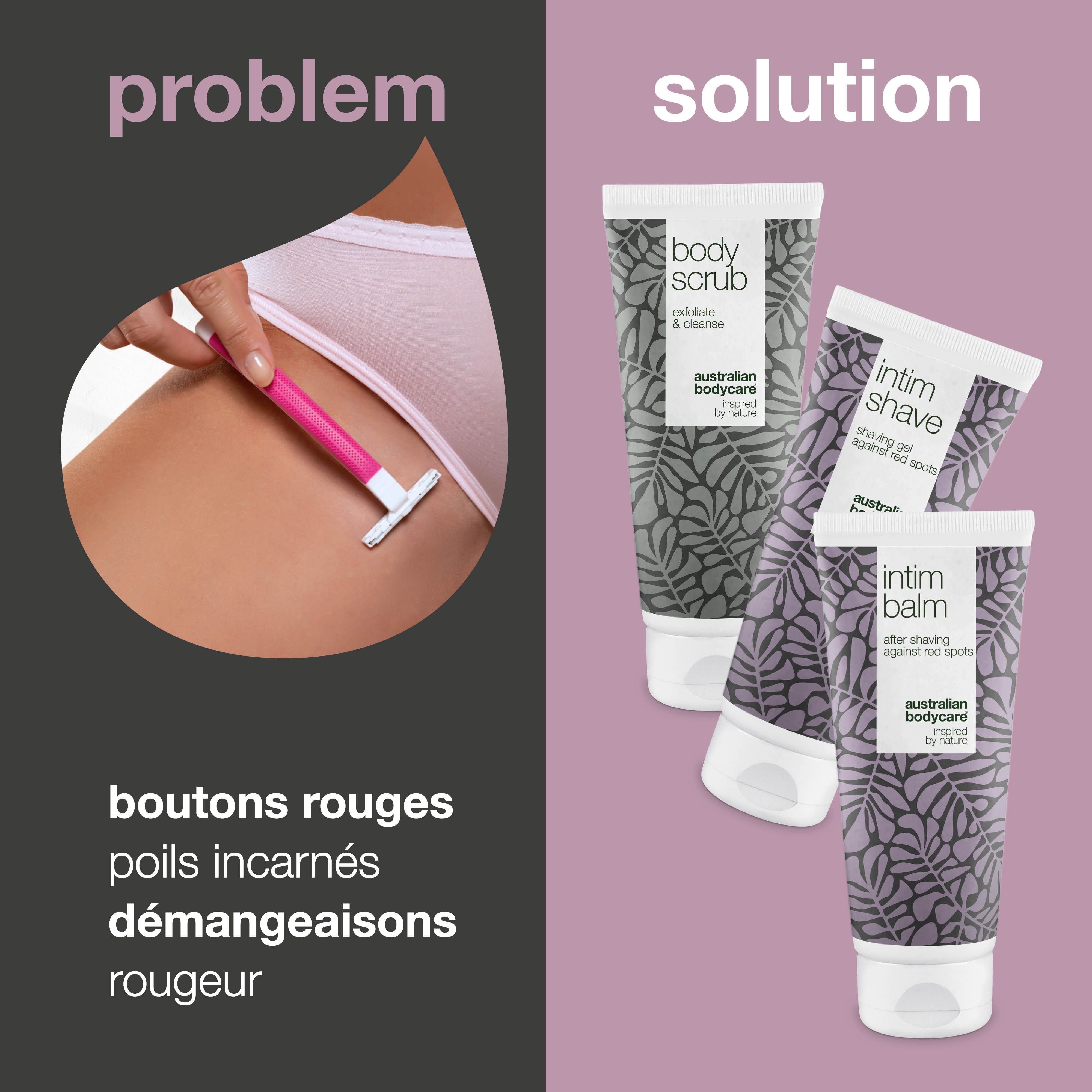 Comparaison : problème et solution. À gauche : jambe avec rasoir. À droite : produits Intimrasur. Texte : boutons rouges, poils incarnés, démangeaisons.