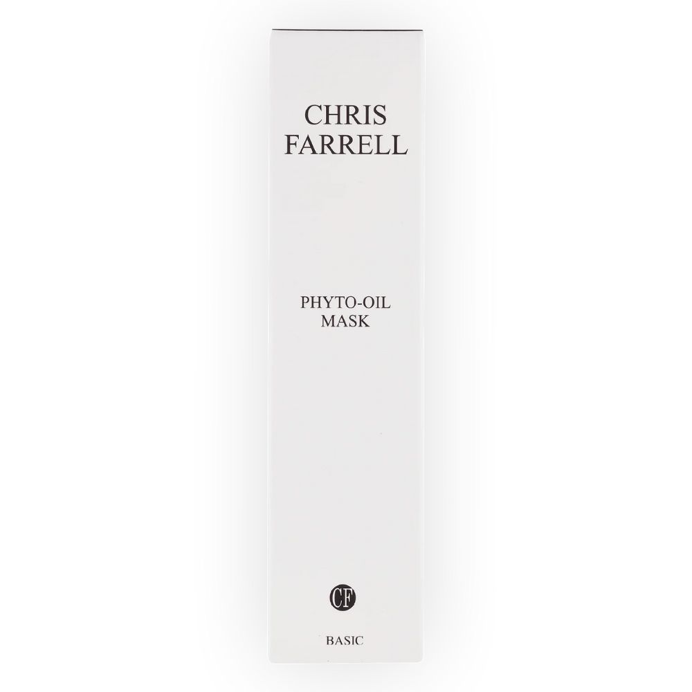 Emballage blanc avec texte CHRIS FARRELL, PHYTO-OIL MASK et BASIC. Logo CF en bas.