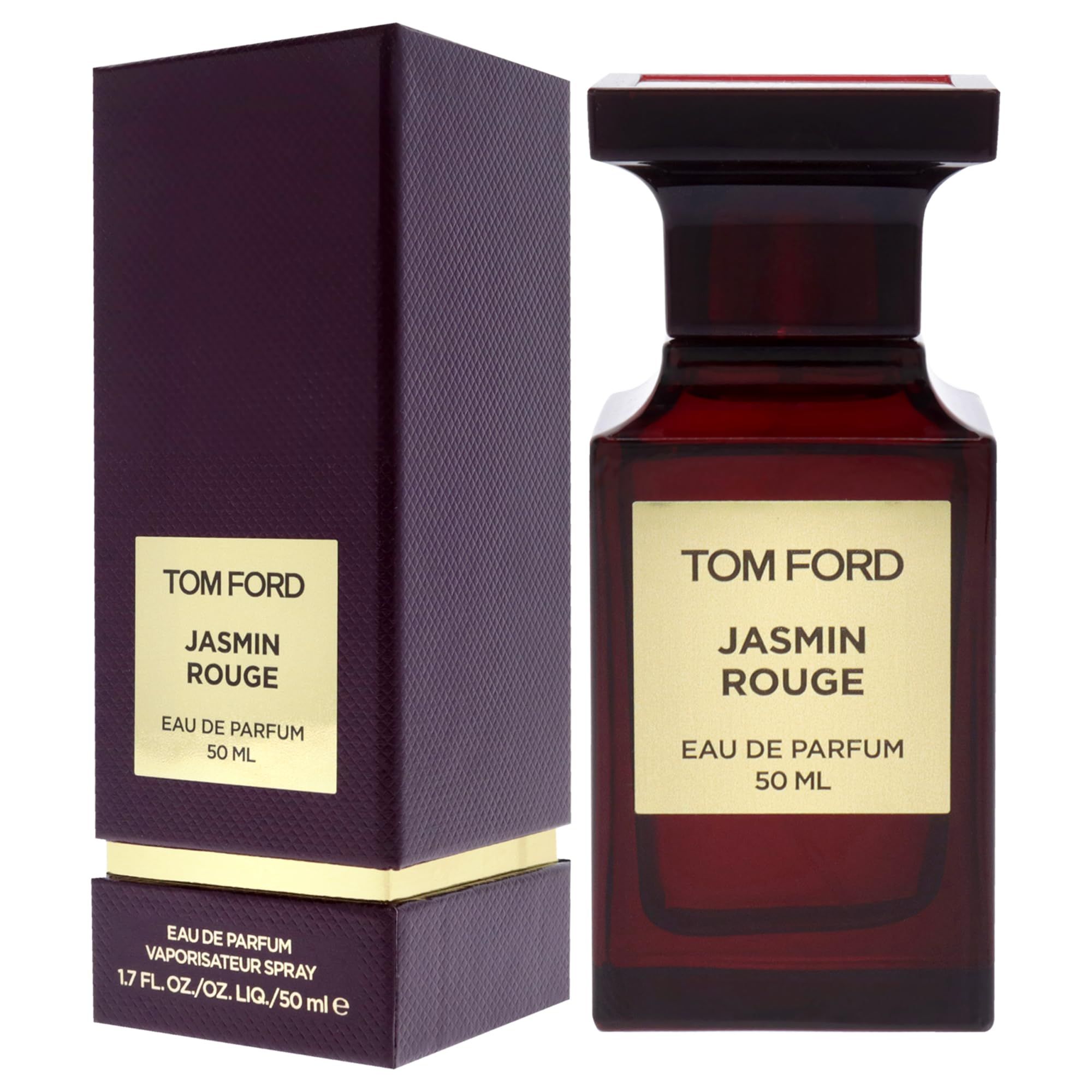 Donkerrode fles en verpakking. Opschrift: Tom Ford Jasmin Rouge. Eau de Parfum. 50 ml. Rechthoekige vorm.