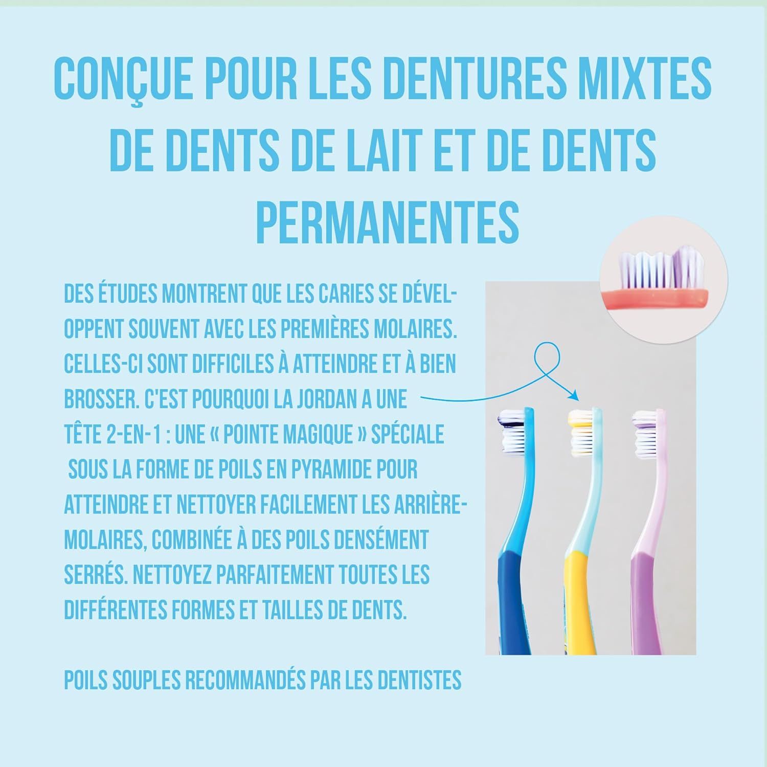 Trois brosses à dents bleues, jaunes et violettes avec des poils pyramidaux pour dents de lait et permanentes.