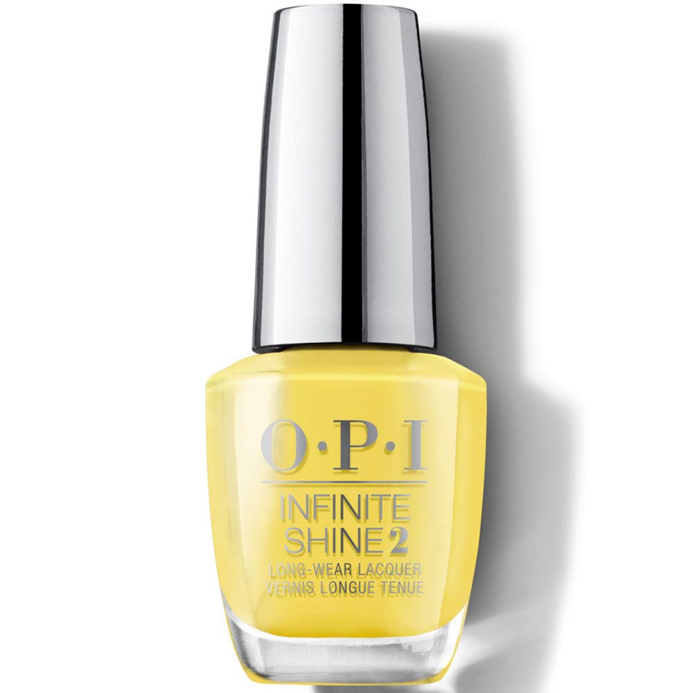 Vernis à ongles OPI Infinite Shine 2, jaune. Flacon avec bouchon argenté.