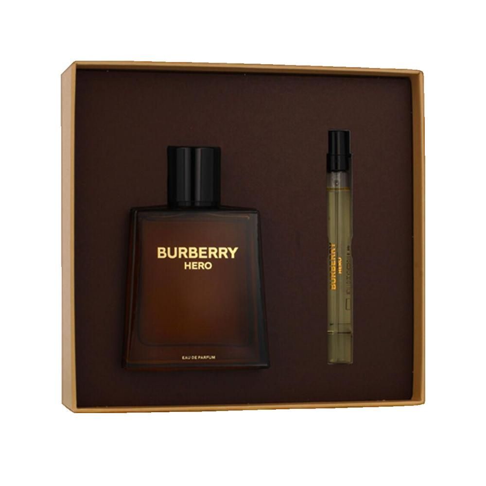 Burberry Hero parfum in geschenkverpakking. Bruine fles en proefmonster. Opschrift "HERO".