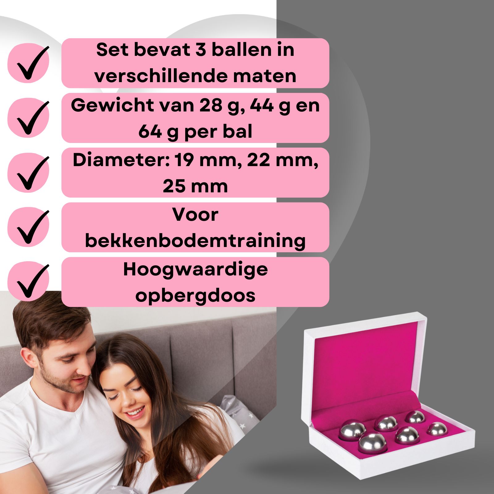 Afbeelding met tekst: Set van 3 ballen in verschillende maten, maten, koppel in bed.