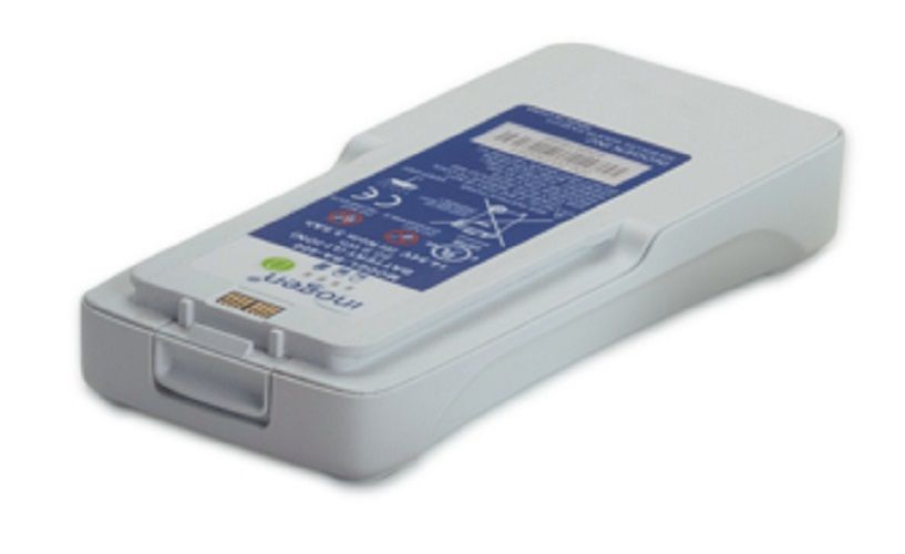 Witte batterijpack met blauwe sticker. Rechthoekige vorm met afgeronde hoeken. Inogen-logo.