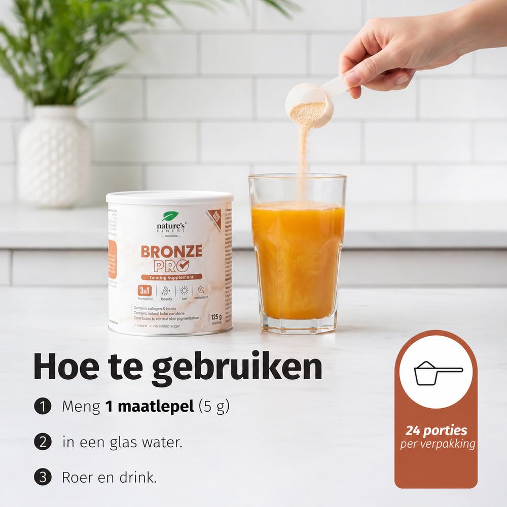 Bereiding van Nature's Finest Bronze Pro poeder in een glas water.