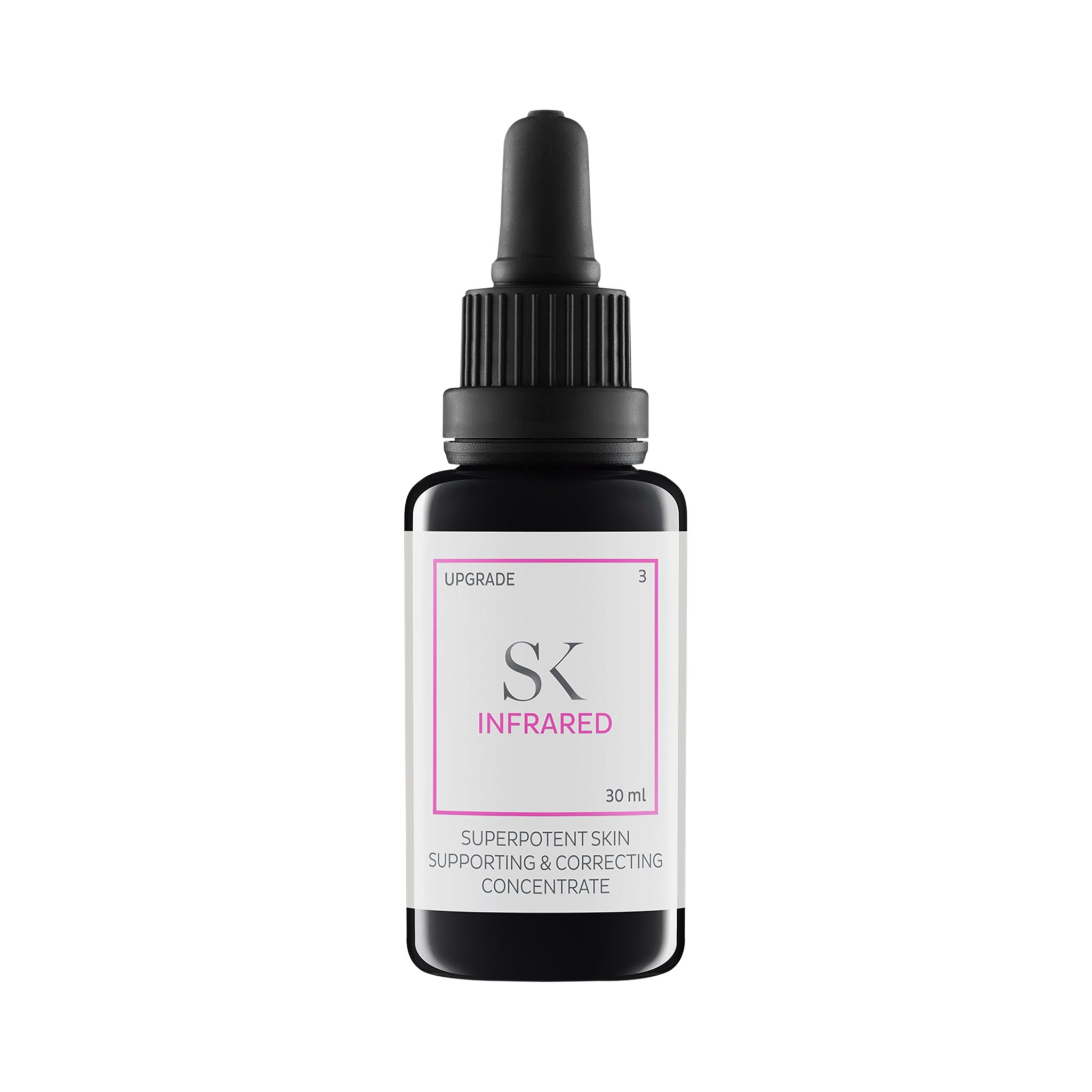 Flacon en verre noir avec bouchon et pipette noirs. Étiquette avec "SK INFRARED" et texte. 30 ml.