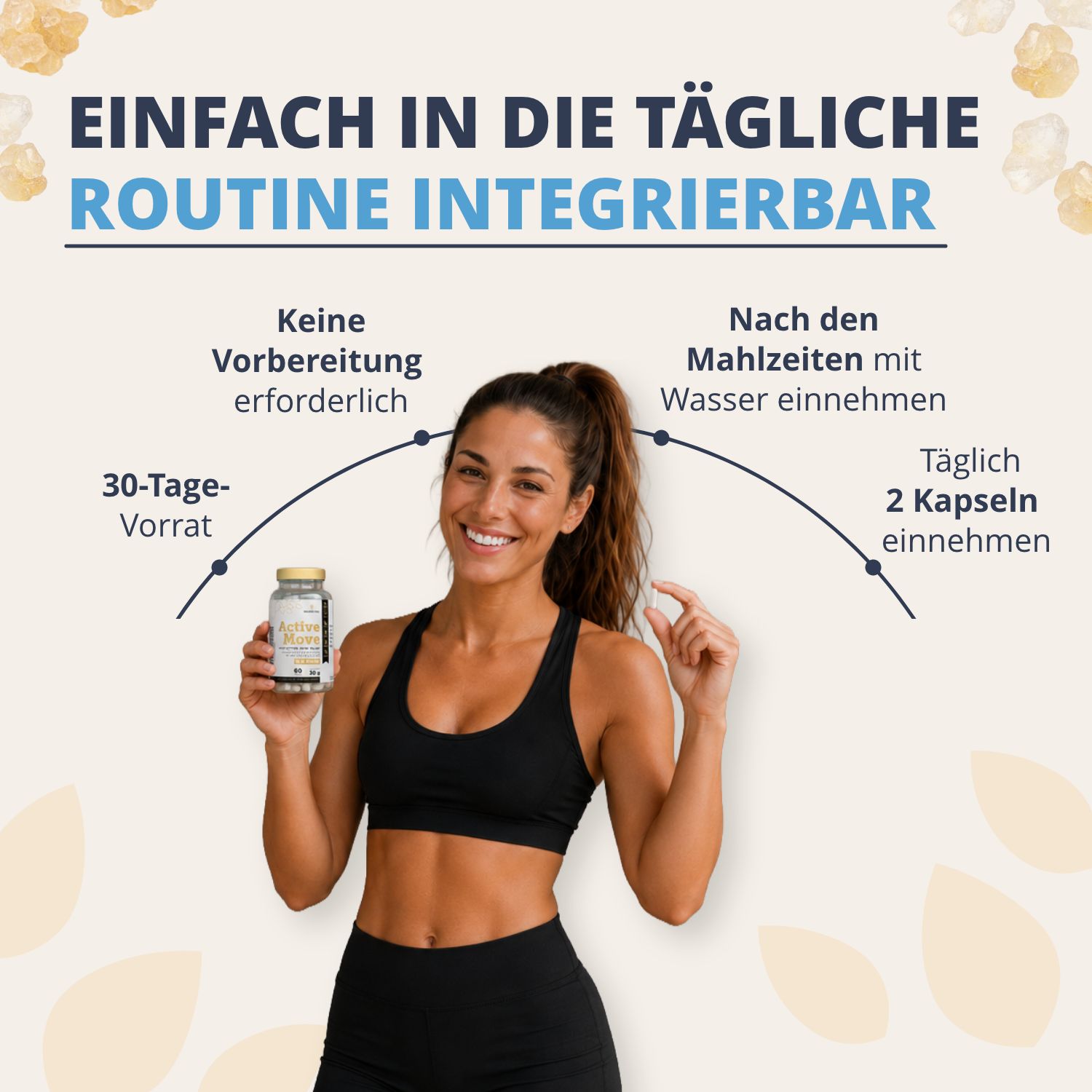 Femme tenant une bouteille de Golden Tree Active Move. Texte : Facile à intégrer dans la routine quotidienne. Approvisionnement de 30 jours, 2 gélules par jour.