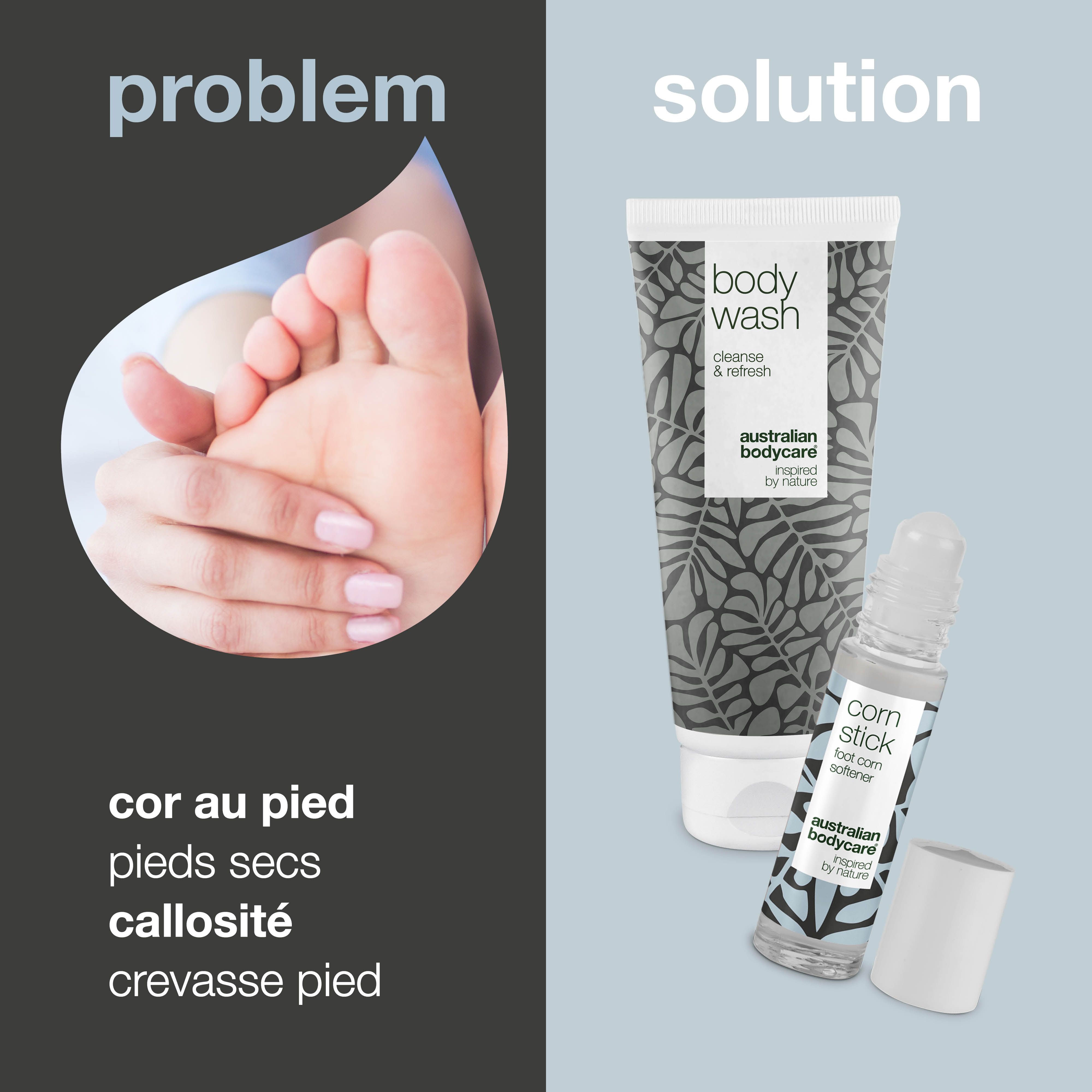 Présentation problème-solution. Tube, roll-on. Inscriptions : Body Wash, Corn Stick. Marque : Australian Bodycare.