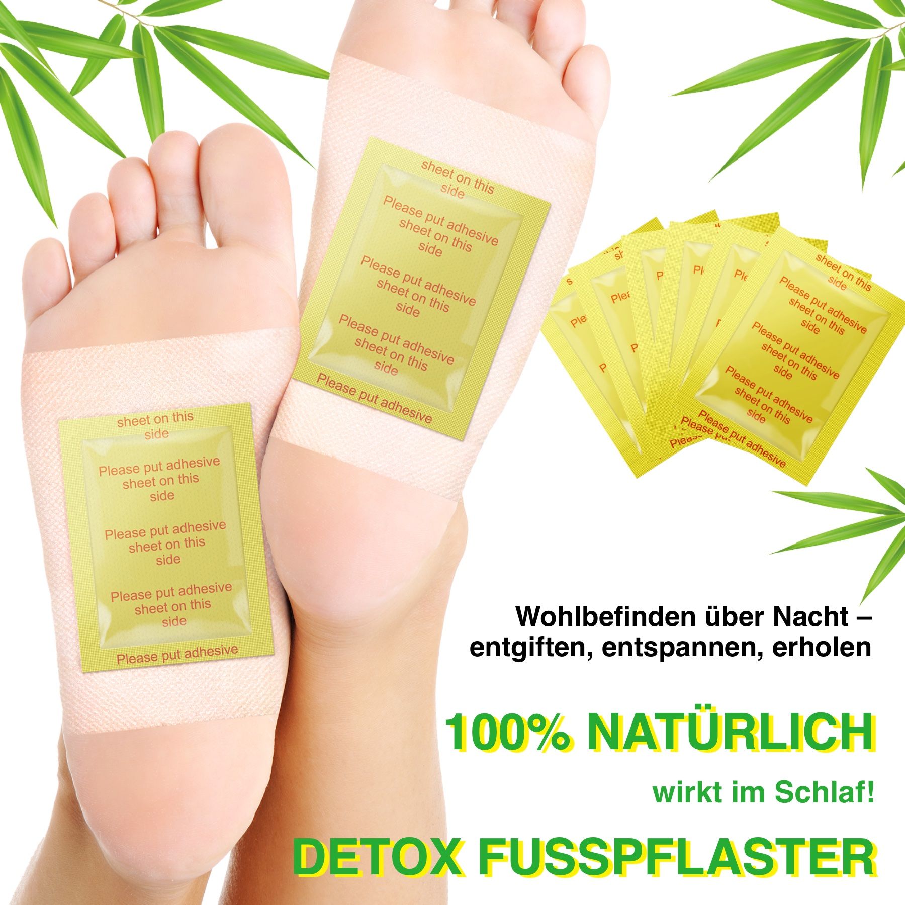 Voeten met pleisters erop geplakt. Gele verpakkingen ernaast. Tekst: 100% natuurlijk, detox voetpleisters. Bamboe decoratie.