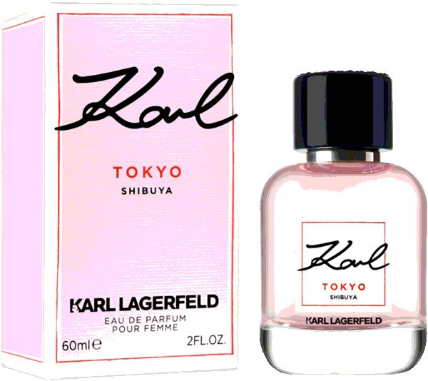 Flacon rose et emballage Karl Lagerfeld Tokyo Shibuya. Bouchon noir, étiquette blanche avec texte. 60ml.