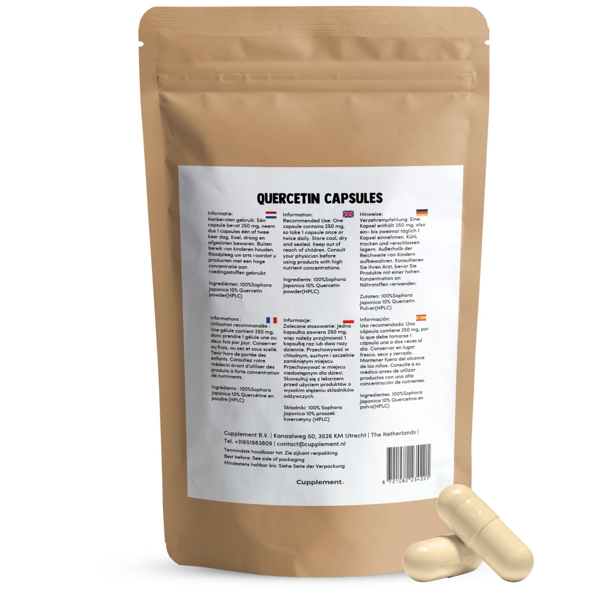 Sachet de gélules de quercétine. Texte: Quercetin Capsules. Deux gélules à côté.