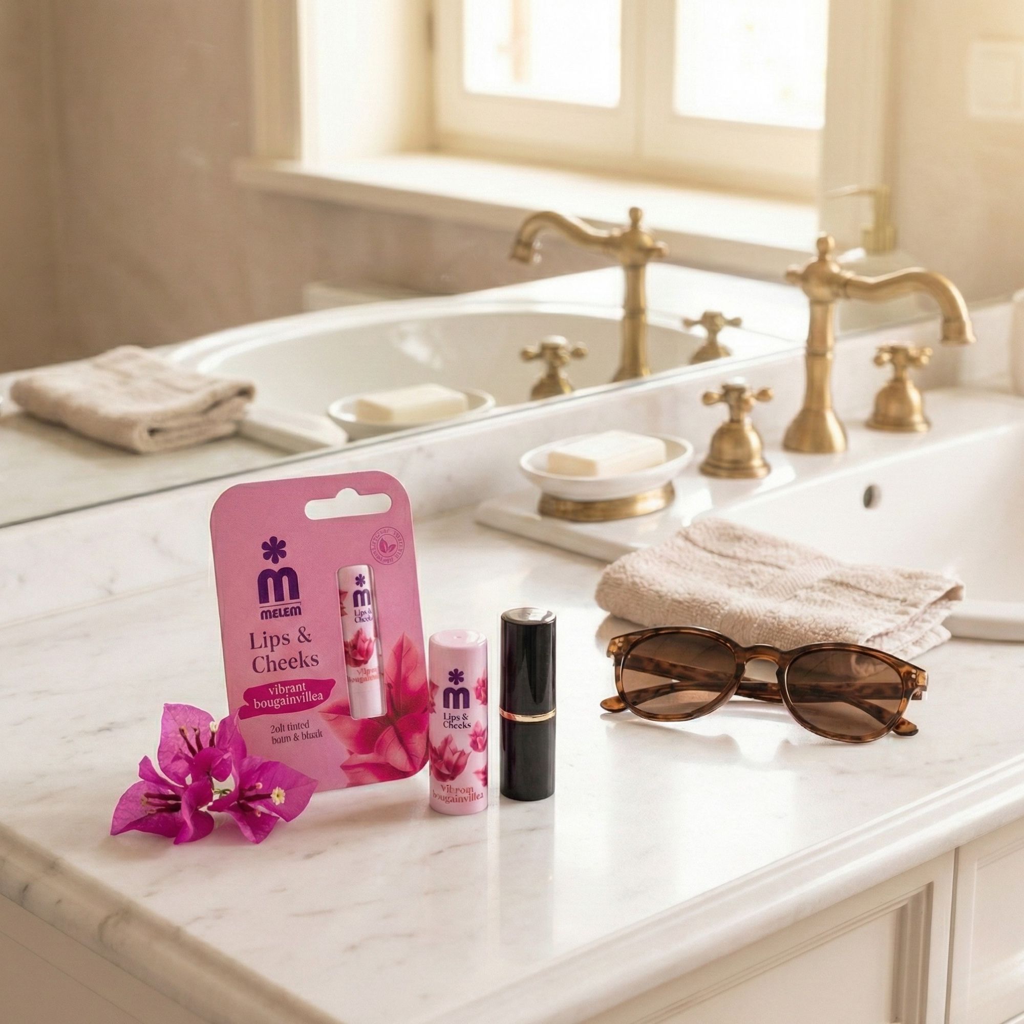 Emballage produit, baume à lèvres et rouge à lèvres sur surface en marbre. Miroir et accessoires en arrière-plan. Nom du produit: Melem Lips & Cheeks.