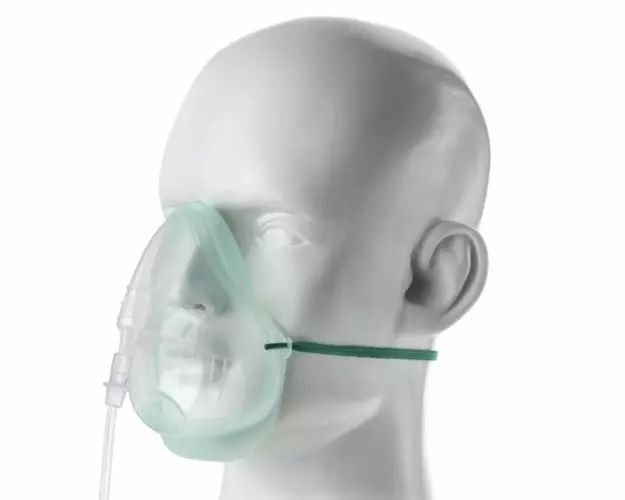 Zuurstofmasker voor volwassenen met slang en reservoir, transparant met groene band.