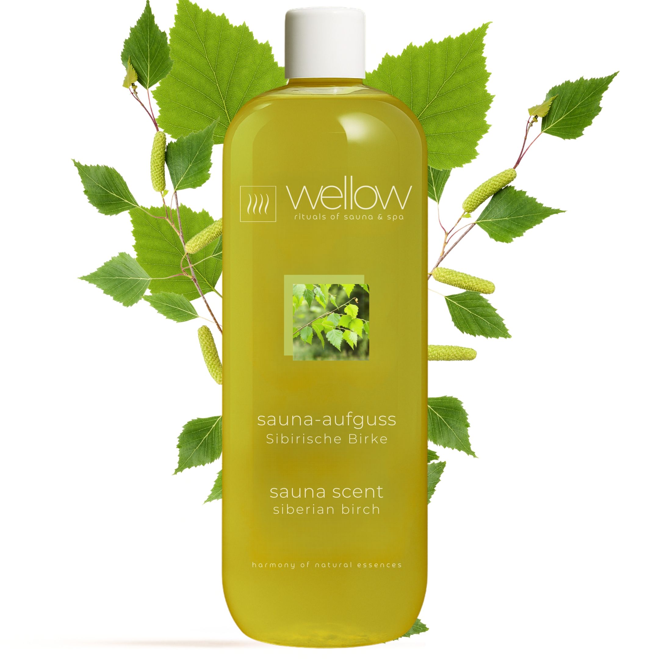 Gele fles met witte dop. Opschrift: sauna-aufguss Sibirische Birke, sauna scent siberian birch. Wellow logo.