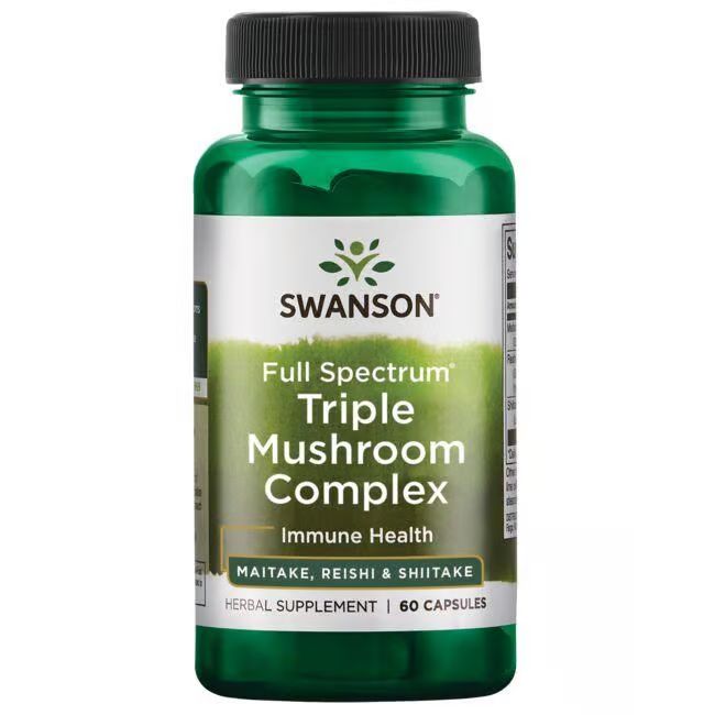 Flacon vert avec bouchon noir. Inscription : SWANSON, Full Spectrum Triple Mushroom Complex, Immune Health. 60 gélules.