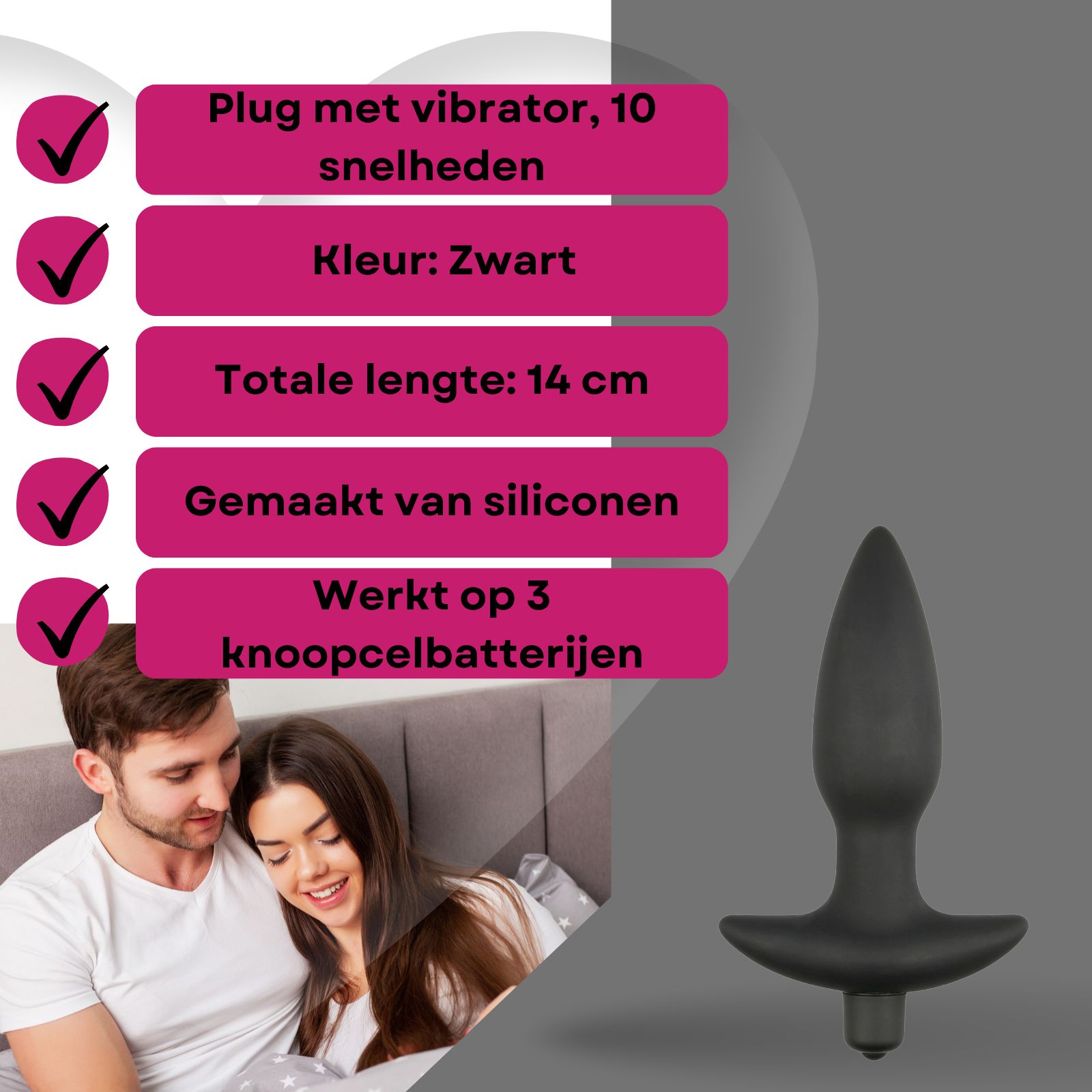Productafbeelding met tekst: Plug met vibrator, 10 snelheden, kleur: zwart, 14 cm lang, van siliconen, vereist batterijen. Paar op de achtergrond.
