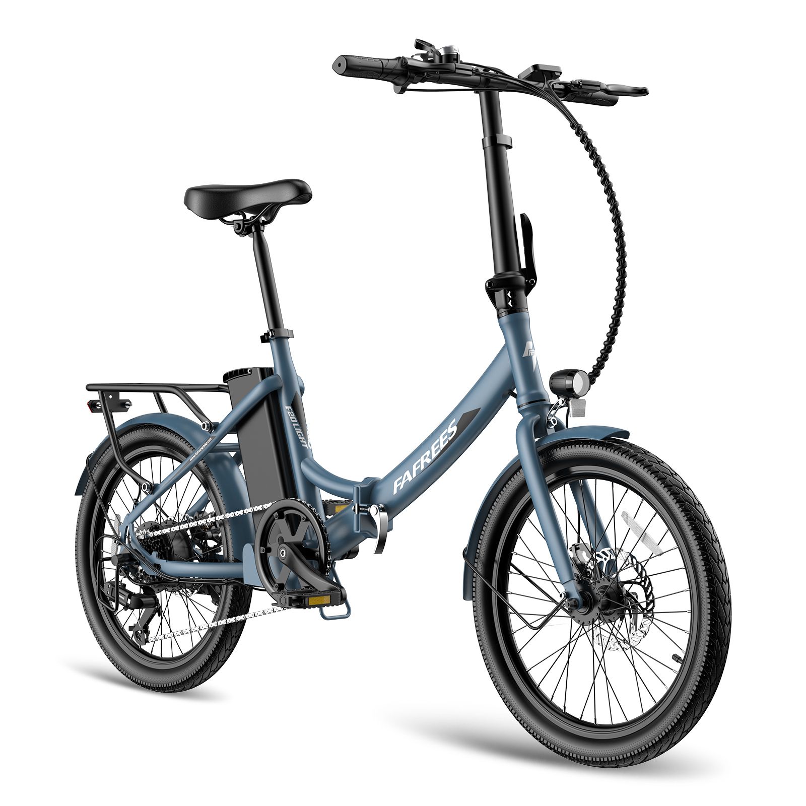 Vélo électrique Fafrees F20Light bleu, vue diagonale. Pneus noirs, porte-bagages, batterie et selle. Logo Fafrees.