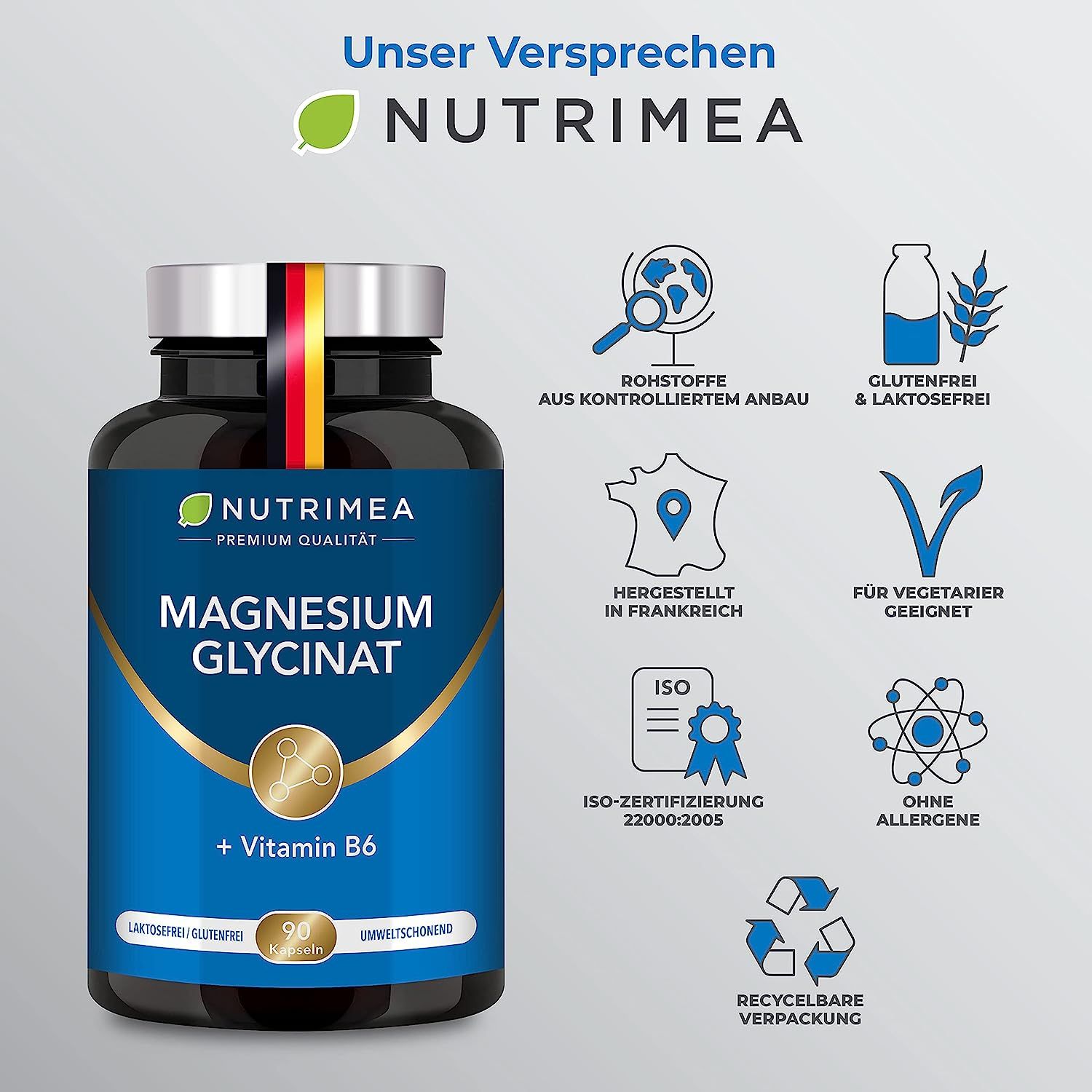 Infographic. Glutenvrij, lactosevrij, geschikt voor vegetariërs, zonder allergenen. Recyclebare verpakking.