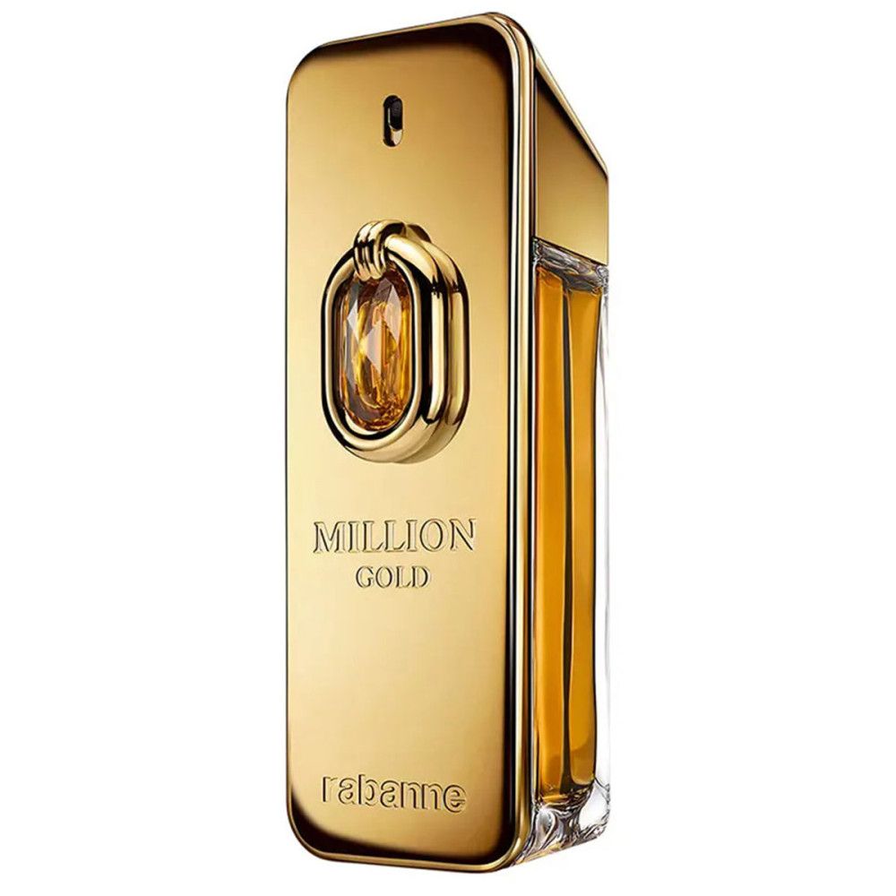 Flacon doré avec l'inscription "Million Gold" et "rabanne". Le flacon a une forme rectangulaire.